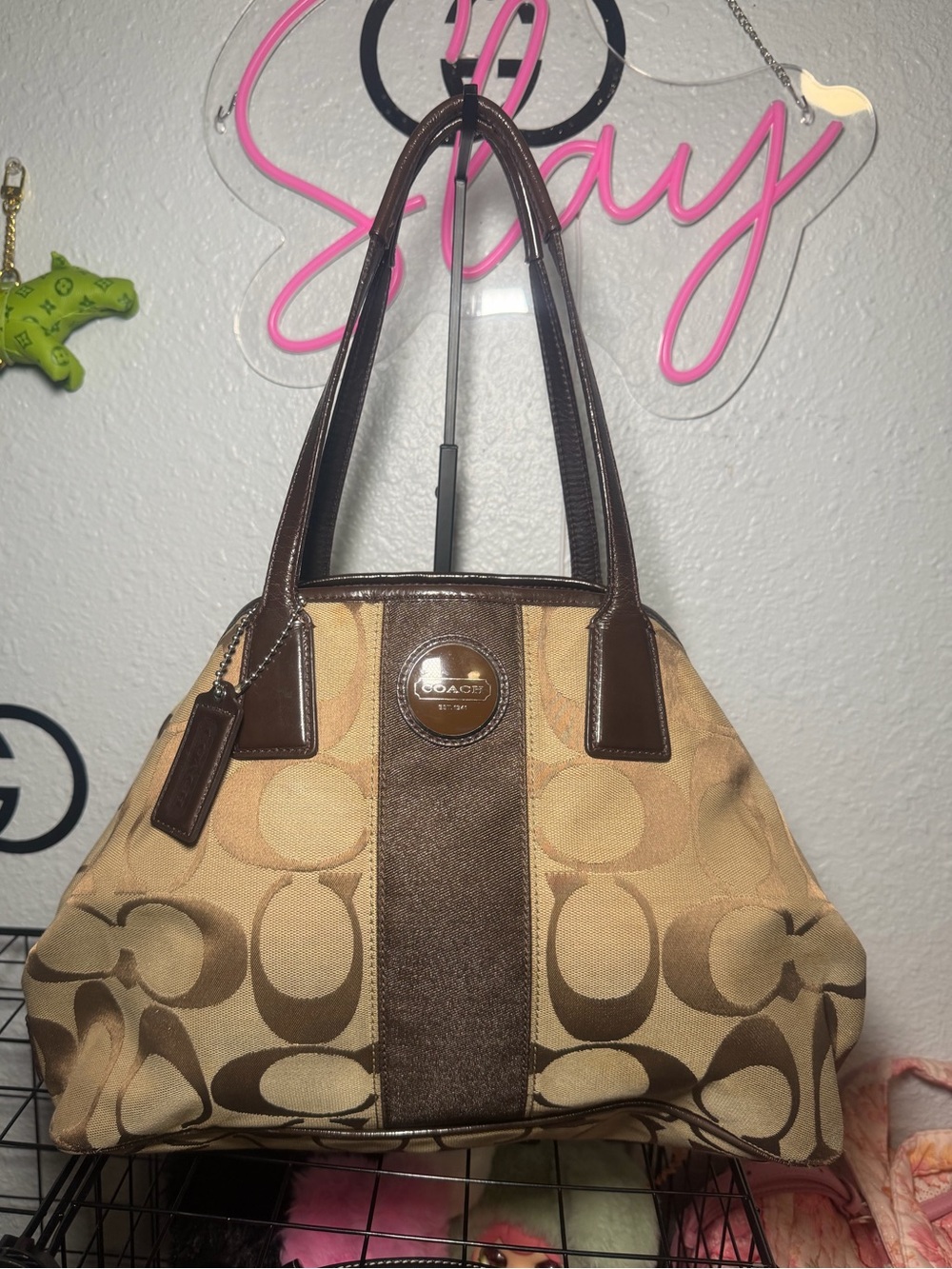 Coach Signature Stripe Framed Carryall Kisslock Tote F13533 Khaki Brown Y2K Auth